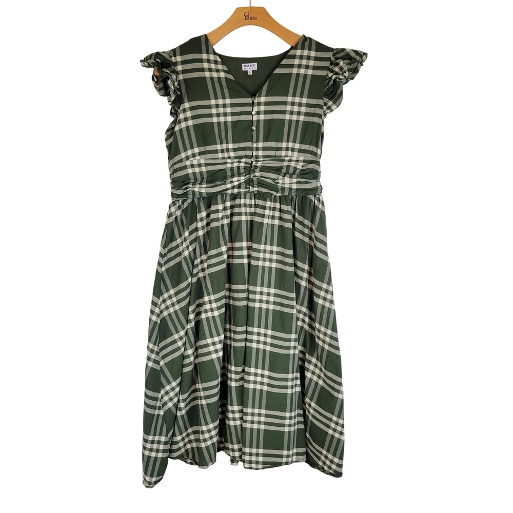 Blueberi‎ Boulevard 100% Cotton Plaid Midi Dress Cottagecore Green Extra Large